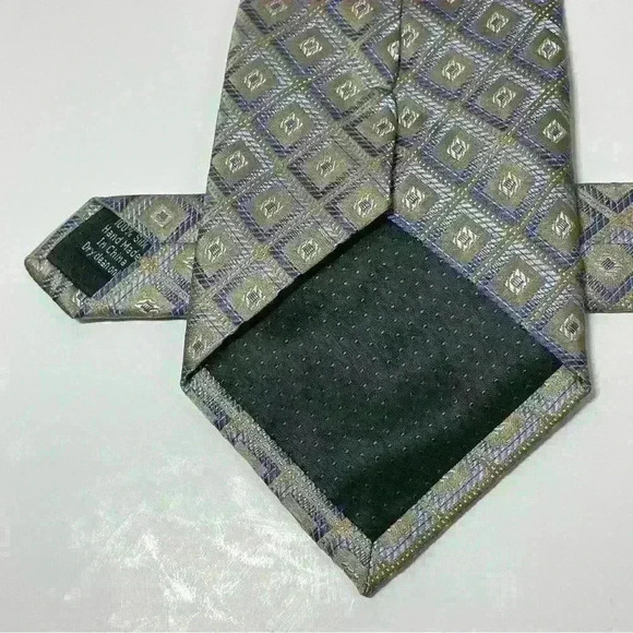 Platinum Designs Hand Made 100% Silk Men’s Necktie Geometric Blue & Tan Long Tie - Picture 6 of 6